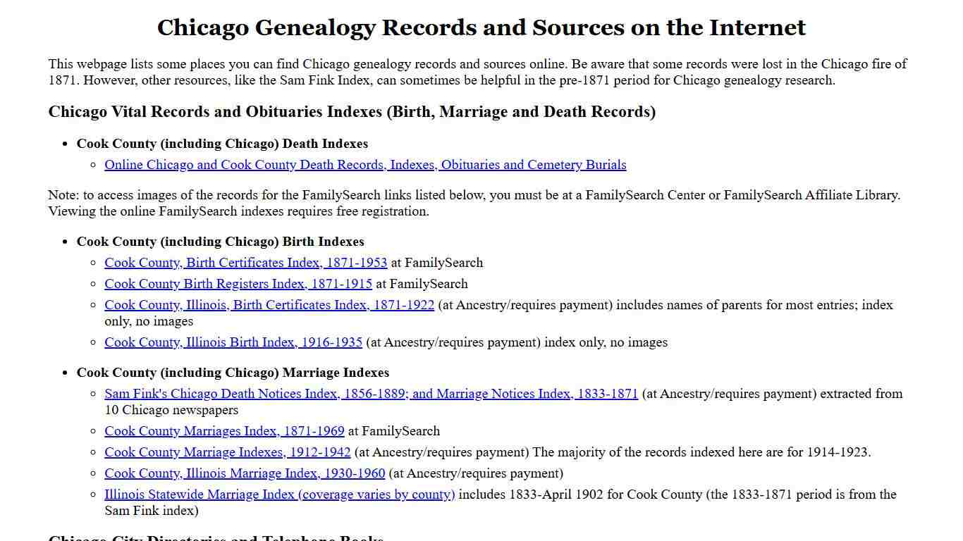Chicago Genealogy Records and Sources on the Internet